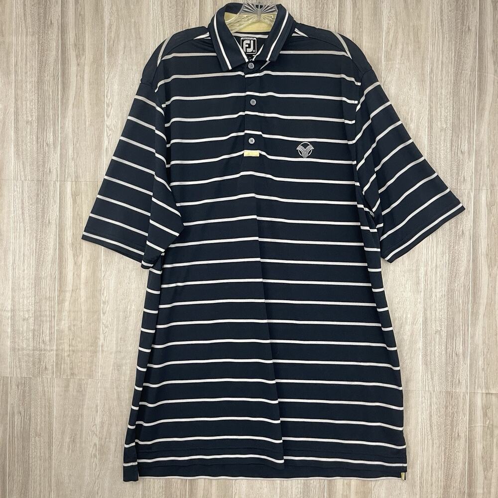FootJoy Polo Shirt Mens XL Navy Striped Performance Stretch Logo Long Golf